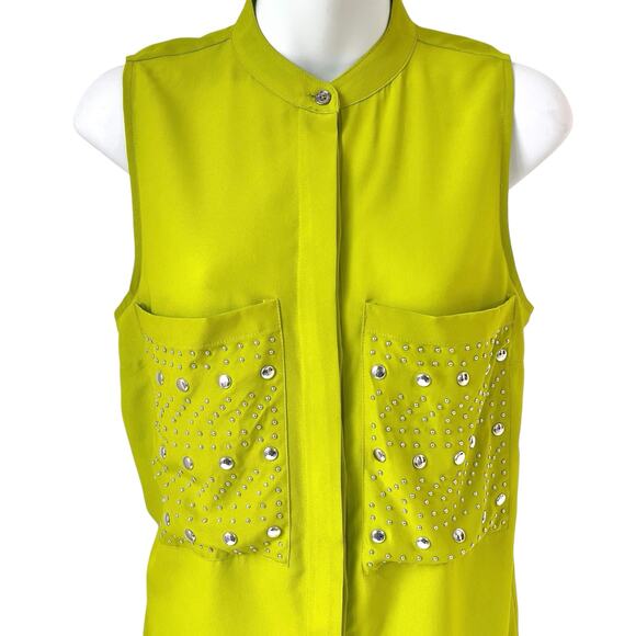 Michael Kors Sleeveless Dress Top Womens Med. Lime Green Button Down Blouse Glam - Picture 2 of 14